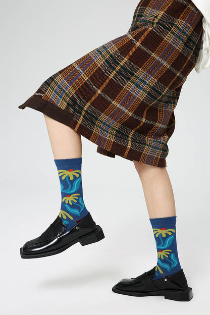 Zavensox 1 Pair Women's Blue Botanical Print Crew Socks - Floral Pattern Cotton Blend Socks
