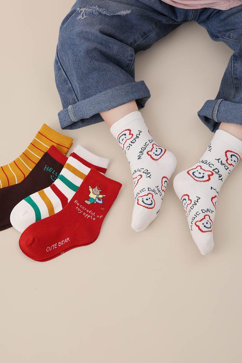 Zavensox 1 Pair Kids Colorful Bear Pattern Socks - Multicolor Cartoon Animal Crew Socks for Boys & Girls