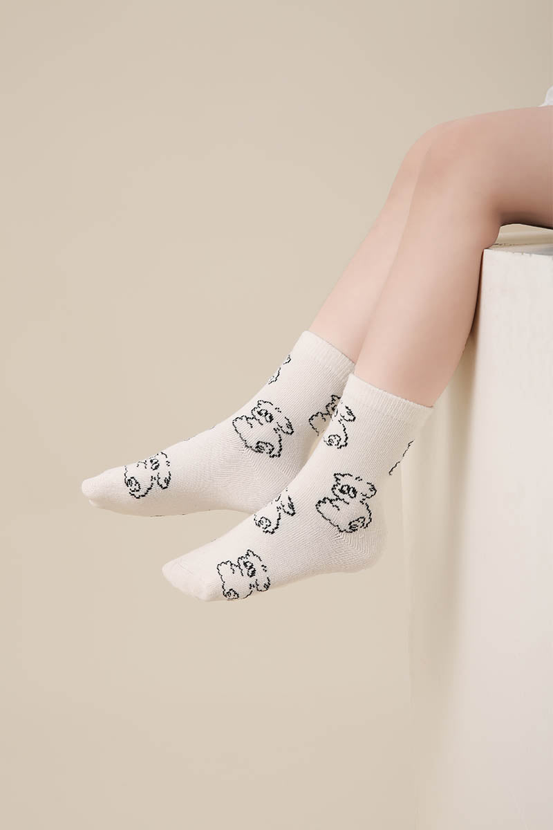 Zavensox 1 Pair Kids Line Drawing Puppy Socks - White & Black Cartoon Dog Crew Socks for Boys & Girls
