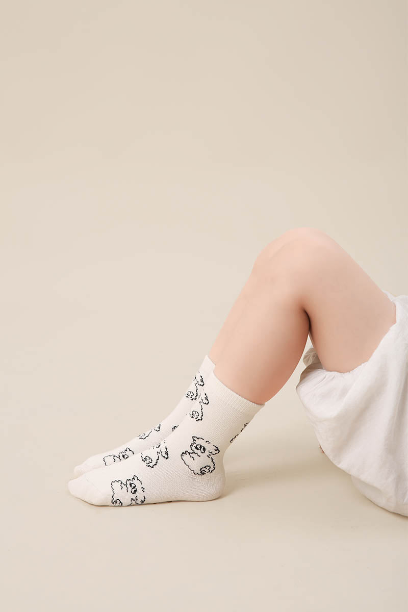 Zavensox 1 Pair Kids Line Drawing Puppy Socks - White & Black Cartoon Dog Crew Socks for Boys & Girls