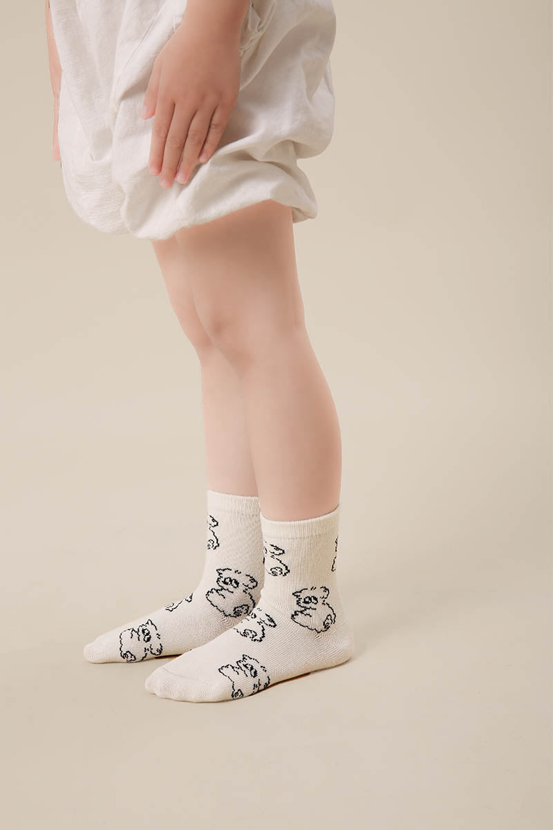 Zavensox 1 Pair Kids Line Drawing Puppy Socks - White & Black Cartoon Dog Crew Socks for Boys & Girls