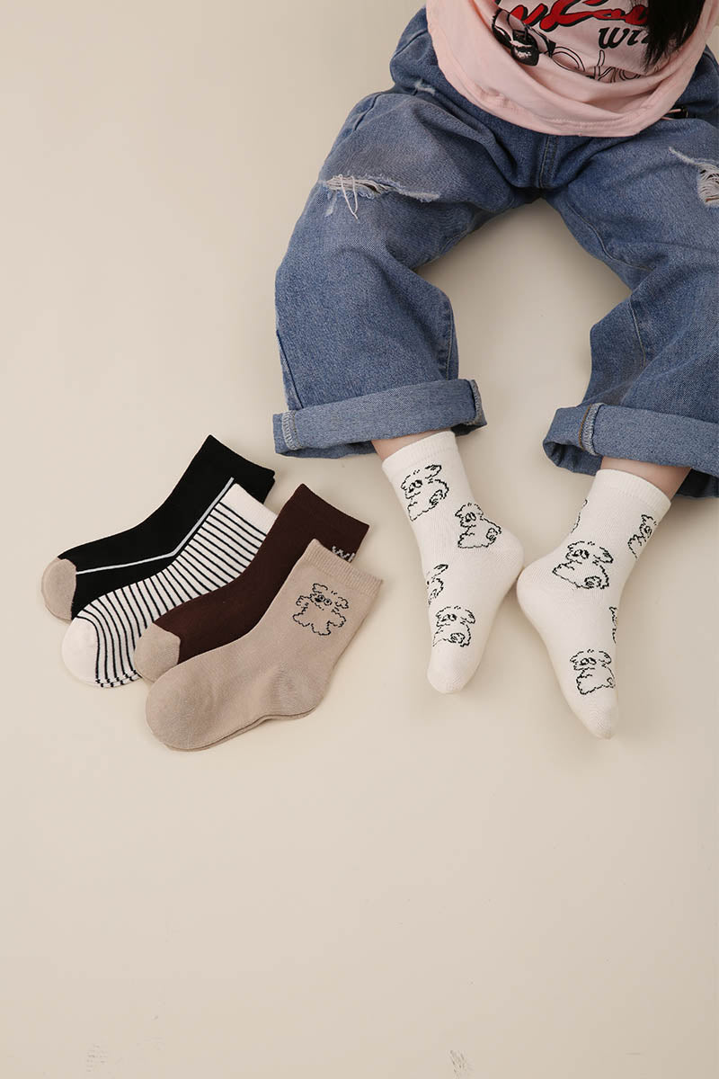 Zavensox 1 Pair Kids Line Drawing Puppy Socks - White & Black Cartoon Dog Crew Socks for Boys & Girls