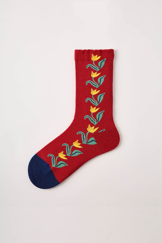 Zavensox Women's Red Botanical Print Crew Socks - 1 Pair Floral Pattern Cotton Blend Socks