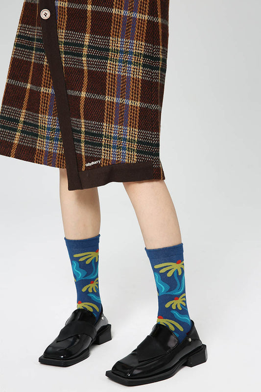 Zavensox 1 Pair Women's Blue Botanical Print Crew Socks - Floral Pattern Cotton Blend Socks