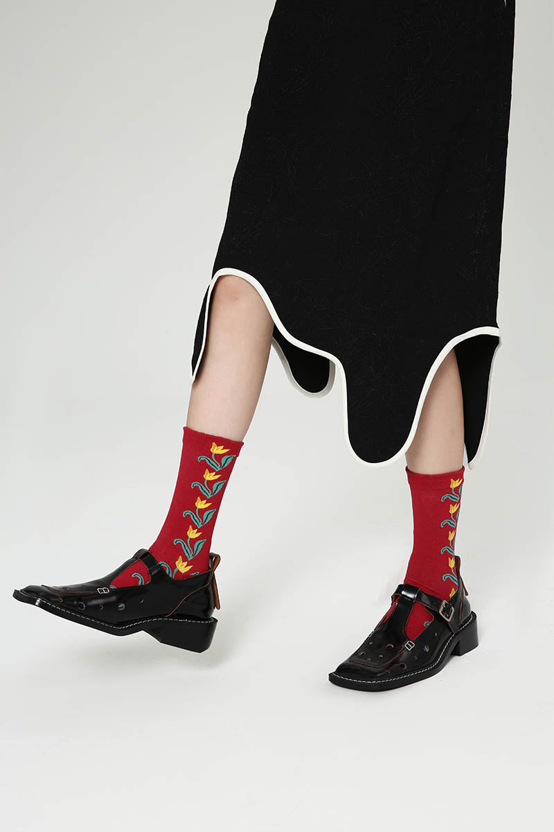 Zavensox Women's Red Botanical Print Crew Socks - 1 Pair Floral Pattern Cotton Blend Socks
