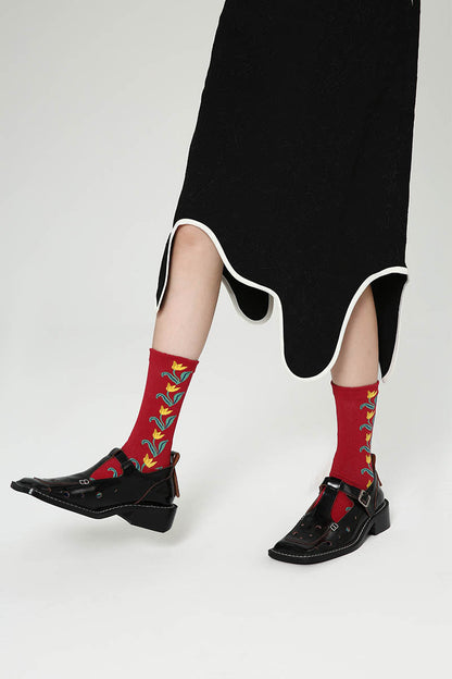 Zavensox Women's Red Botanical Print Crew Socks - 1 Pair Floral Pattern Cotton Blend Socks