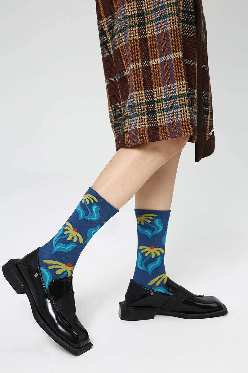 Zavensox 1 Pair Women's Blue Botanical Print Crew Socks - Floral Pattern Cotton Blend Socks