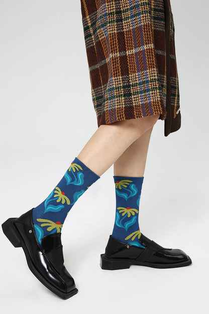 Zavensox 1 Pair Women's Blue Botanical Print Crew Socks - Floral Pattern Cotton Blend Socks