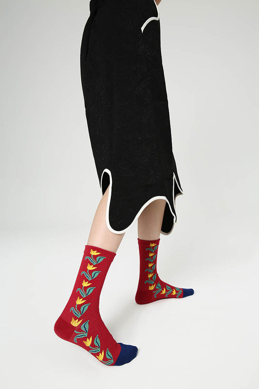 Zavensox Women's Red Botanical Print Crew Socks - 1 Pair Floral Pattern Cotton Blend Socks