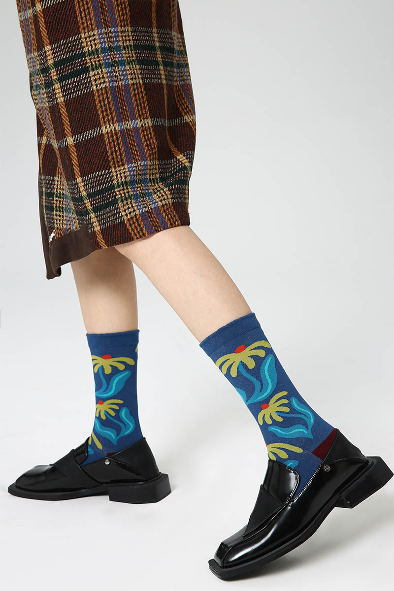 Zavensox 1 Pair Women's Blue Botanical Print Crew Socks - Floral Pattern Cotton Blend Socks