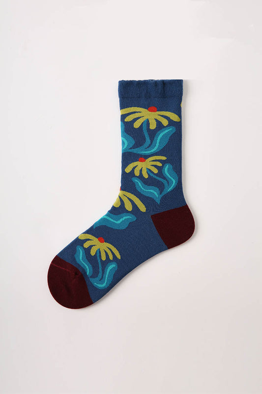 Zavensox 1 Pair Women's Blue Botanical Print Crew Socks - Floral Pattern Cotton Blend Socks